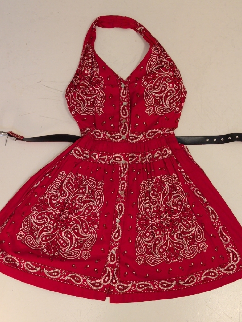 Vintage Red Bandana Halter Dress Fit-and-Flare Low V Belted Sexy Country Western - Picture 12 of 15